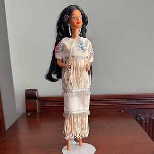 1992 Native American Barbie Doll with Fringe Dress and Beaded Details.